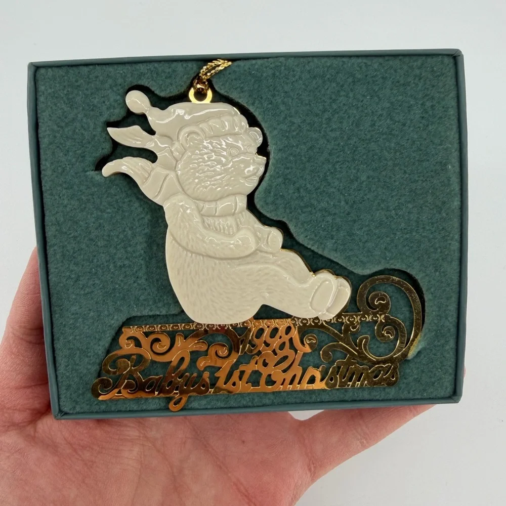 Lenox Ivory Teddy Bear on Gold Sled Baby's First Christmas 1998 Ornament in Box